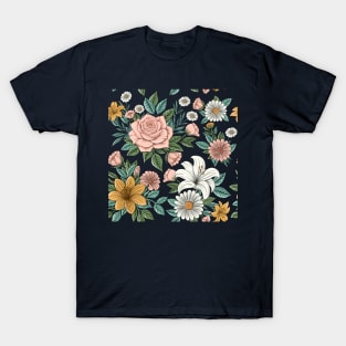 Rose, Hibiscus and Daisy Pattern T-Shirt